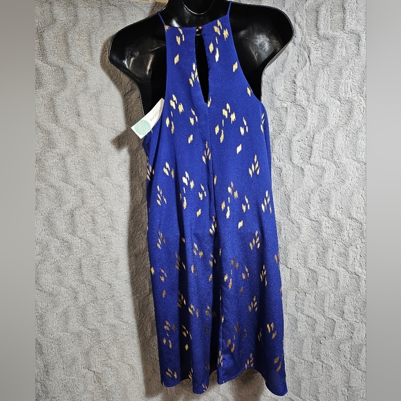 NEW Everly Andra Dress Small Cobalt Blue Gold Midi Tent Halter Neck - Picture 3 of 8